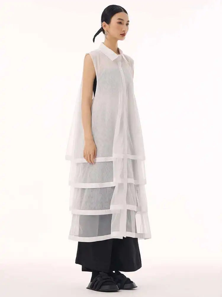 Women Black Layers Mesh Big Size Midi Vest Shirt Dress New Lapel Sleeveless Fashion Tide Spring Summer 2025 1DH9472