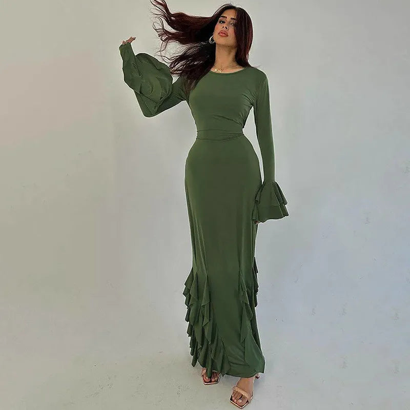 Lace-up Long Flare Sleeve Maxi Dress For Women Gown Autumn New Fashion O Neck Loose Ruffled Sexy Long Dress Elegant