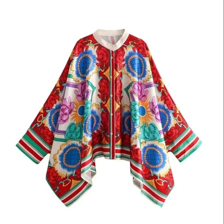 Stylish Selection Batwing Sleeves Flower Print Stand Collar Blouses Women Spring Summer High-low Buttoned Shirts Tops