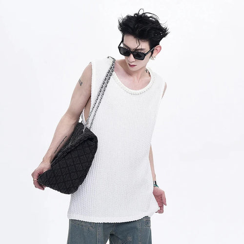 Load image into Gallery viewer, Summer Men&#39;s Wear Pearl Vest Basic Loose T-shirt Solid Color Round Neck Sleeveless Male Tops Korea Fashion 24E1060
