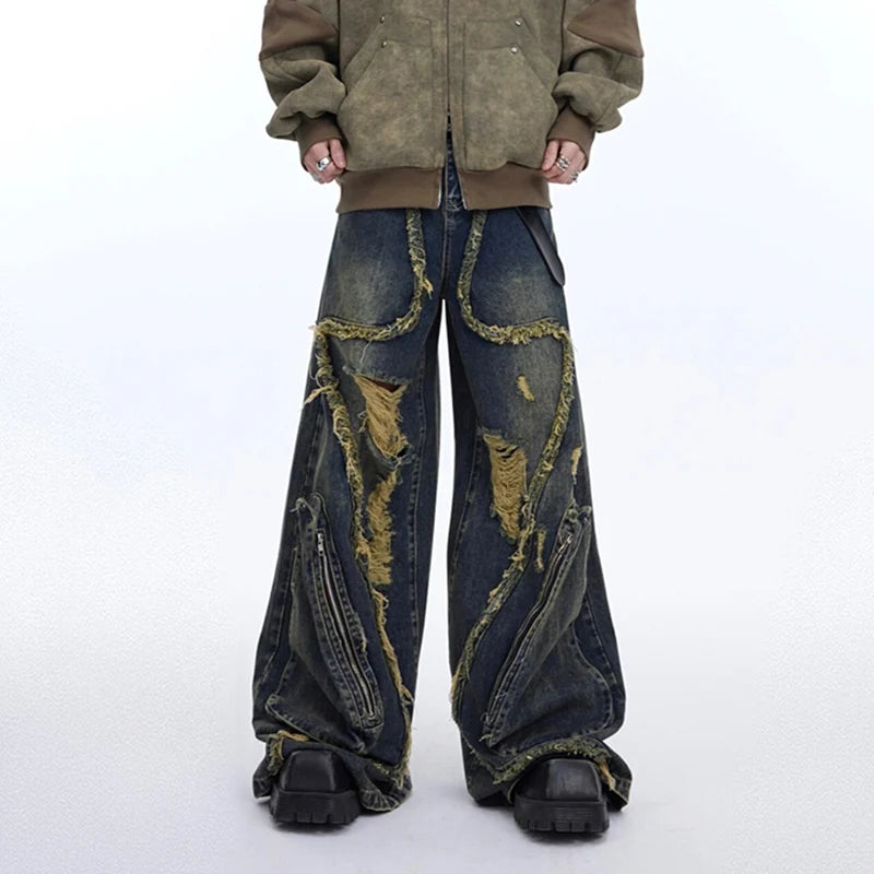 Men's Wear High Street Male Jeans Tassels Hole Design Vintage Worn-out Big Pocket Overalls Autumn Male Trousers 9C6767