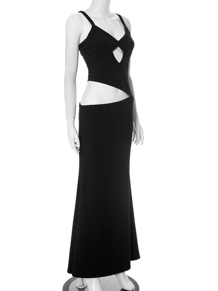 Hollow Out Backless Sexy Maxi Dress Women Gown Spaghetti Strap Sleeveless Irregular Slim Club Long Dress 2025 Summer
