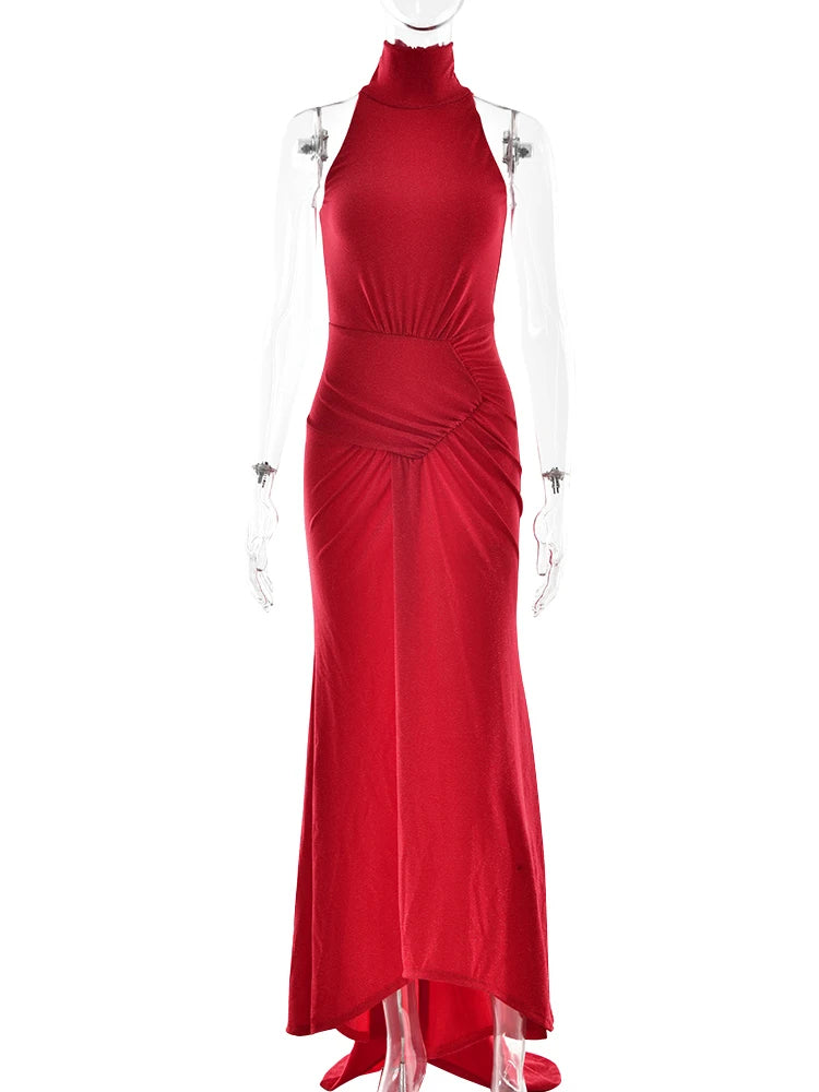 Elegant Sleeveless Elastic Tight Women Dress High Neck Bodycon Pleated Long Party Evening Dress AutumnWinter New Vestido