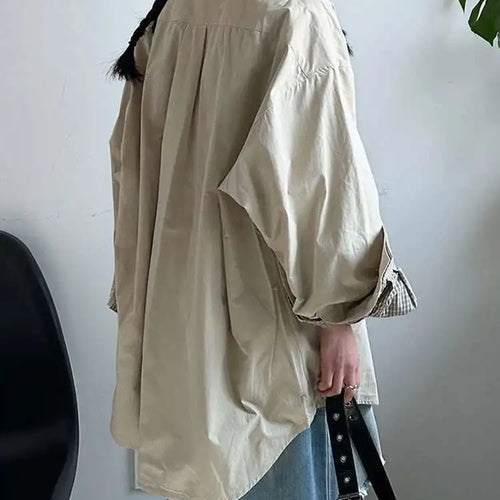 Load image into Gallery viewer, Women Khaki Plaid Double Layers Color-block Big Size Blouse New Lapel Long Sleeve Shirt Fashion Spring Autumn 2025 1DJ0728
