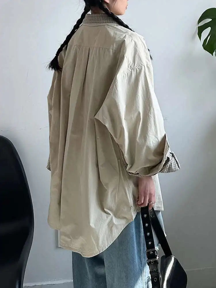 Women Khaki Plaid Double Layers Color-block Big Size Blouse New Lapel Long Sleeve Shirt Fashion Spring Autumn 2025 1DJ0728