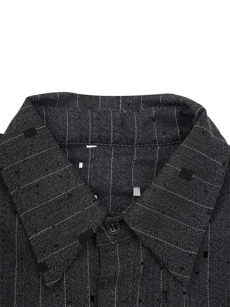 Women Dark Gray Striped Big Size Rhinestones Blouse New Lapel Long Sleeve Shirt Fashion Tide Spring Autumn 2025 CPG2428