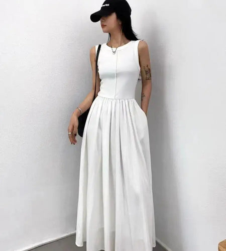 Summer Women White Casual High Waist Pleated Long Dress Lady Black Green Round Neck Sleeveless Sexy Slim Vest Dress Vestidos New