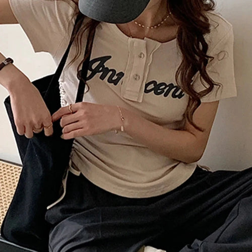 Load image into Gallery viewer, Summer Vintage Drawstring Women&#39;s T-shirts American Style Chic Button Short Sleeve Fashion Female Streetwear Outfits
