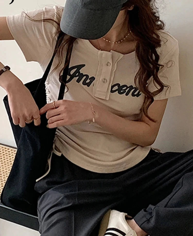 Summer Vintage Drawstring Women's T-shirts American Style Chic Button Short Sleeve Fashion Female Streetwear Outfits