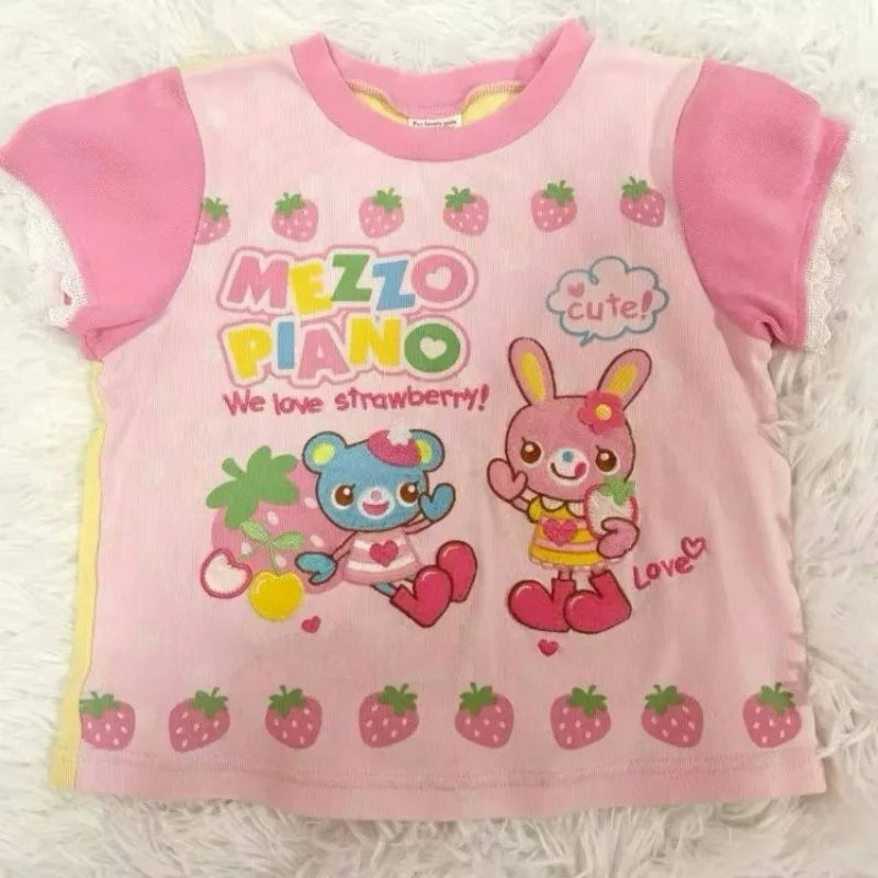 Japanese Kawaii Cartoon Print Tshirt Women Harajuku Color Patchwork Lace Sleeve Fairy T-shirt Y2k Aesthetic Grunge Cropped Tees