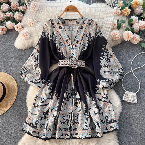 Load image into Gallery viewer, French Retro Women Black Print Single Breasted Short Dresses Autumn Winter Beige Slim Lantern Sleeve Mini Dress Ladies Bohemian

