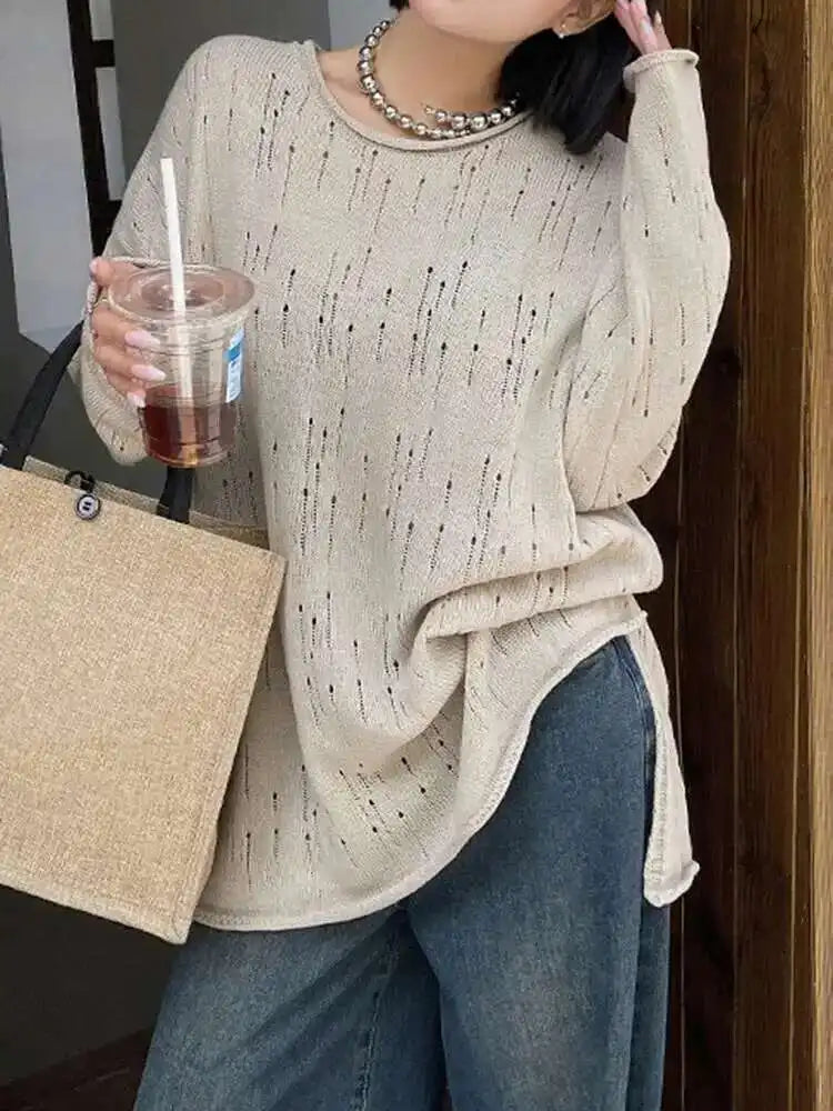 Black Hollow Out Big Size Knitting Sweater Round Neck Long Sleeve Women Pullovers New Fashion Spring Autumn 2025 1DJ0057