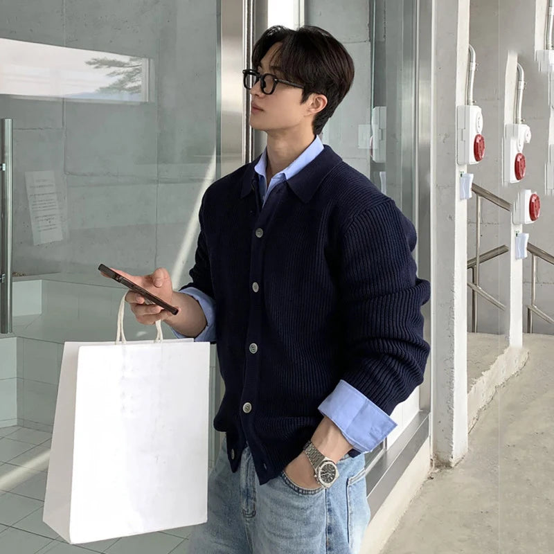 Men's Sweater New Korean Style Loose Knitted Cardigan Single Breasted Trendy Simple Turn-down Collar Pullover Top 9W1817