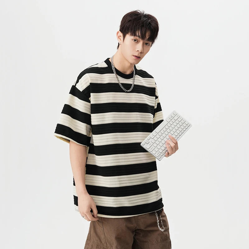 Striped Male Short Sleeve T-shirts New Summer Round Neck Design Pullover Fanshion Stylish Men's Loose Clothing 9W1667