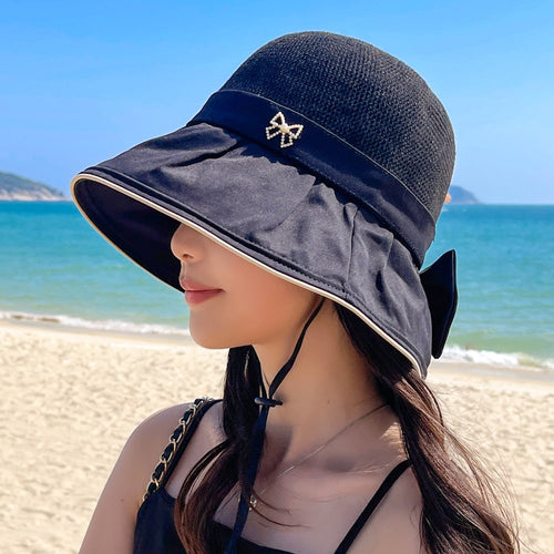 Load image into Gallery viewer, Women&#39;s Summer Sun Hat Fashion Hollow Bow Design Sun Cap Female Travel Beach Bucket Hat
