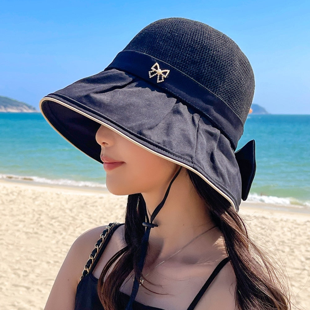 Women's Summer Sun Hat Fashion Hollow Bow Design Sun Cap Female Travel Beach Bucket Hat