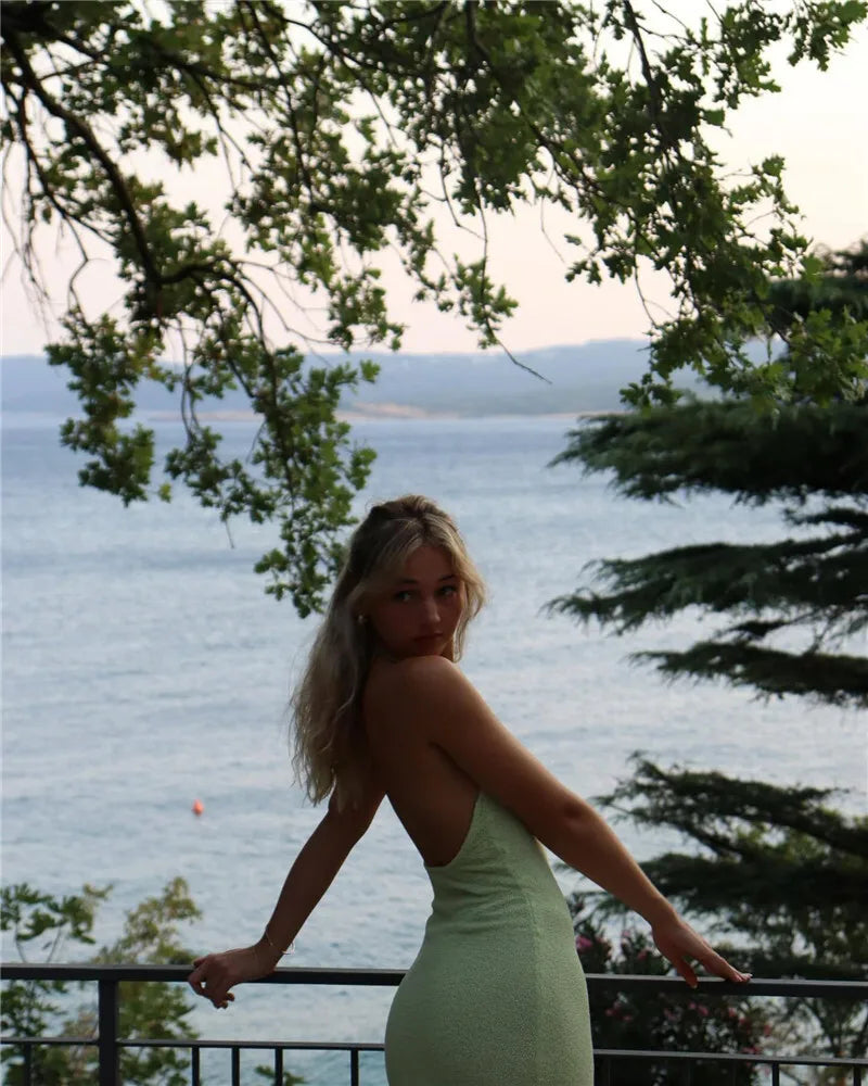 Deep V Neck High Split Maxi Dress For Women Gown Halter Flower Backless Sleeveless Bodycon Knit Long Dress Elegant