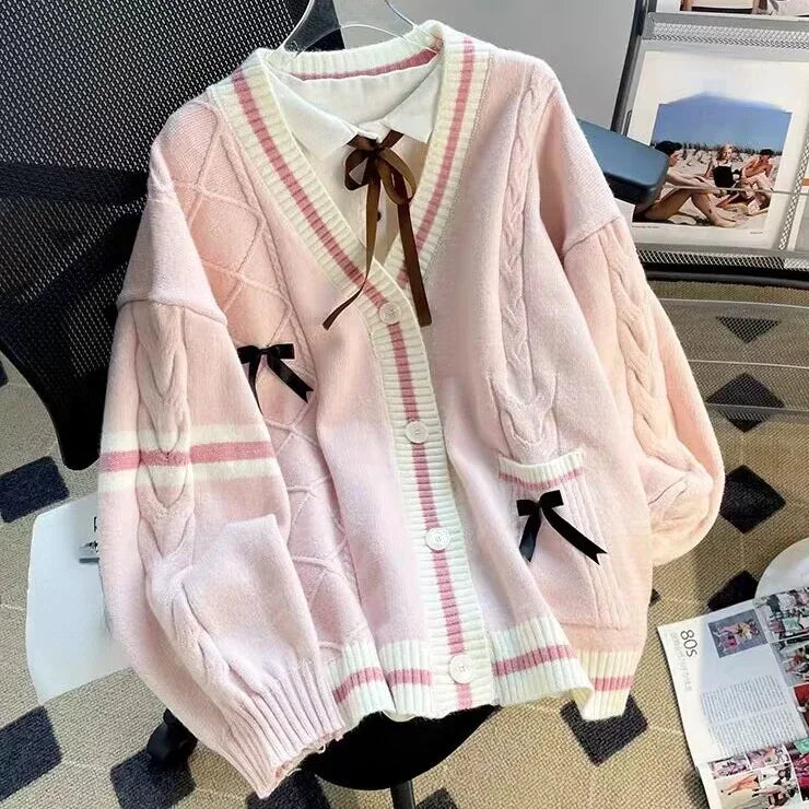 Sweet Bow Knitted Cardigans Y2k Aesthetic All Match Contrast Color Coats Fashion Single Breasted Women Kawaii JK Sweaters Jumper