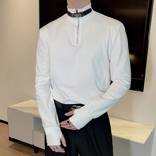 Load image into Gallery viewer, Men&#39;s Mock Neck T-shirt Long Sleeve Tees Solid Color Metal Zipper Design Leather Buckle Spring Business Casual 9W1417
