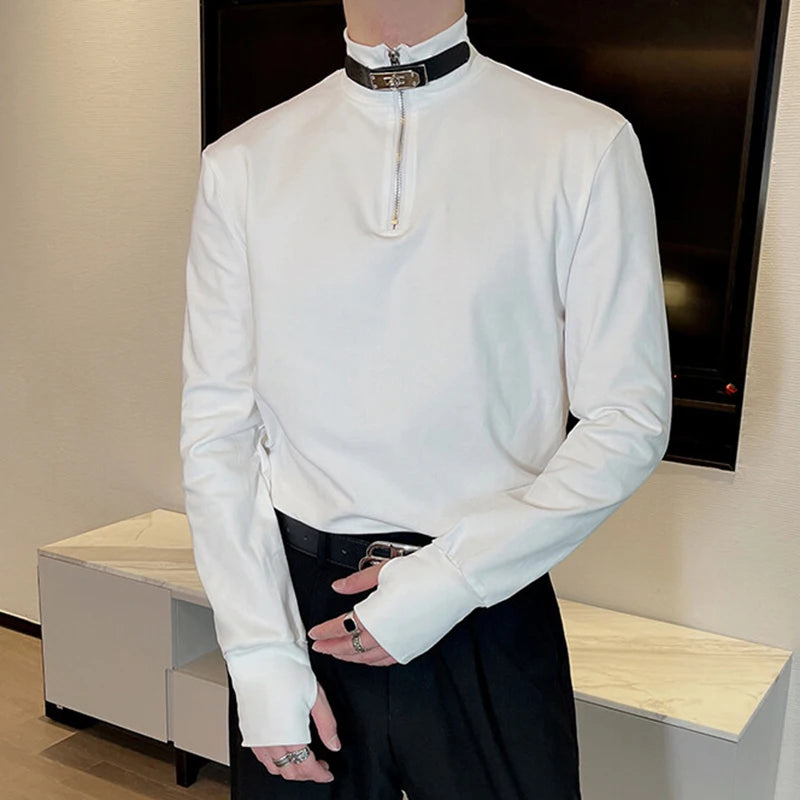 Men's Mock Neck T-shirt Long Sleeve Tees Solid Color Metal Zipper Design Leather Buckle Spring Business Casual 9W1417