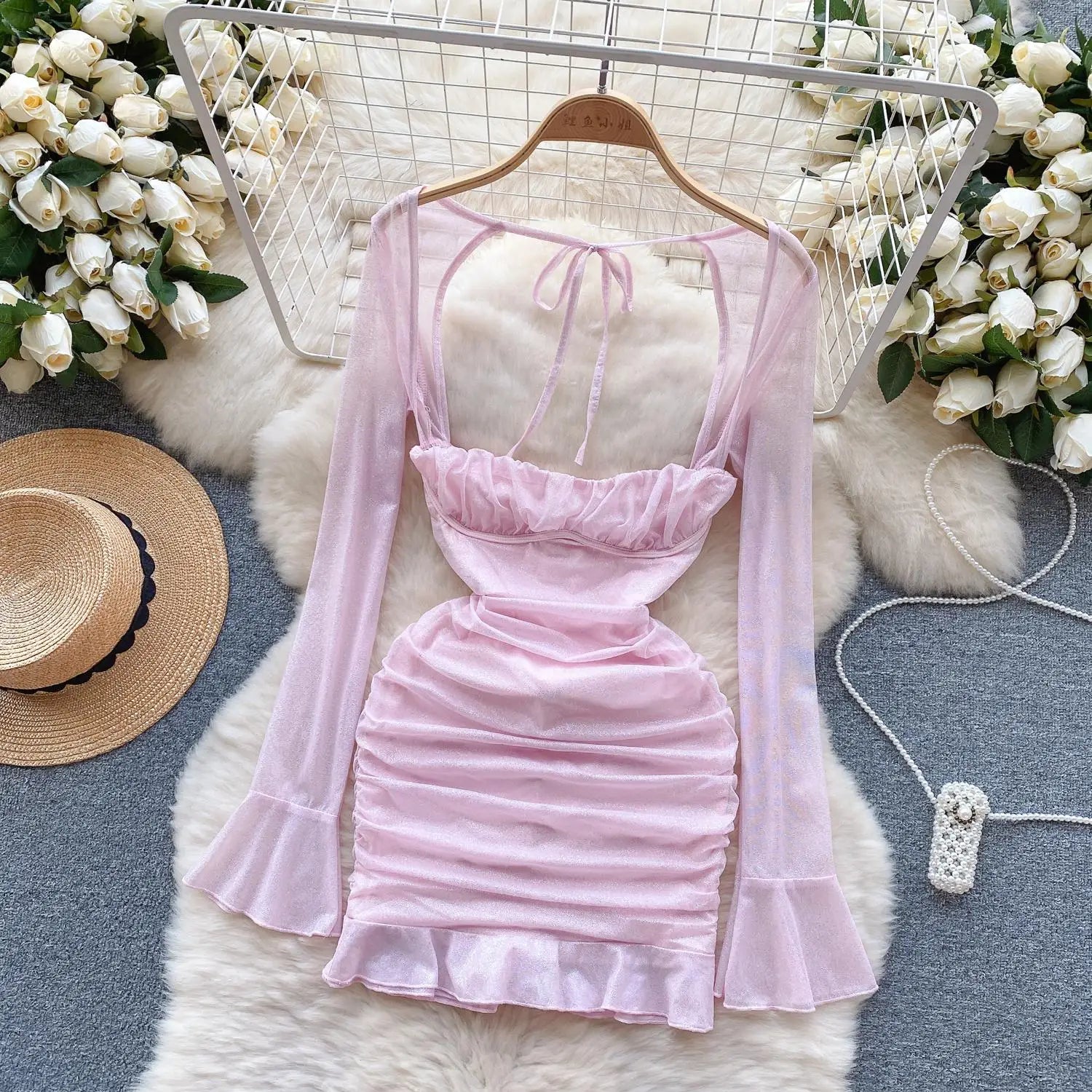 Pink Square Neck Low Cut Long Sleeve Pleated Bandage Mini Dress Women Autumn 2023 Elegant Slim Sexy Club Wrapped Hip Short Dress