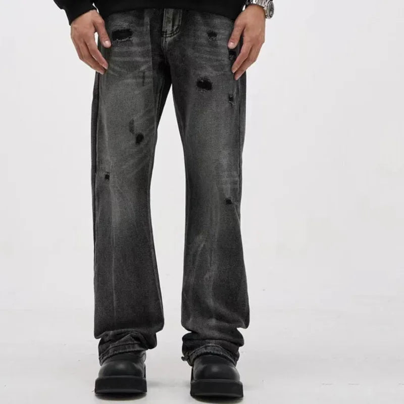 High Street Men Denim Pants Straight Worn-out Hole Washing Trousers Wide Leg Solid Color Male Jeans Autumn Menswear 9C8808