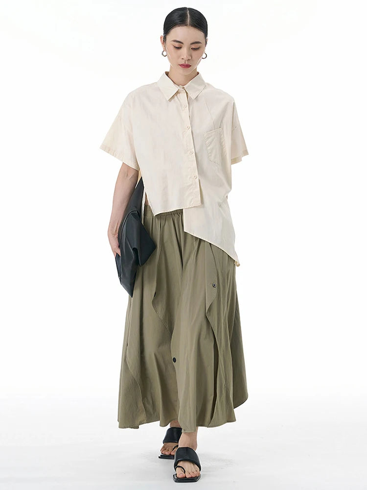 Women Apricot Irregular Hem Big Size Casual Blouse New Lapel Short Sleeve Shirt Fashion Tide Spring Summer 2025 1DJ1503