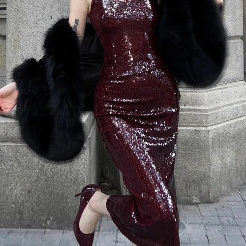 Load image into Gallery viewer, Solid Spliced Sequines Slimming Dresses For Women Square Neck Sleeveless High Waist Temperament Dress Female New
