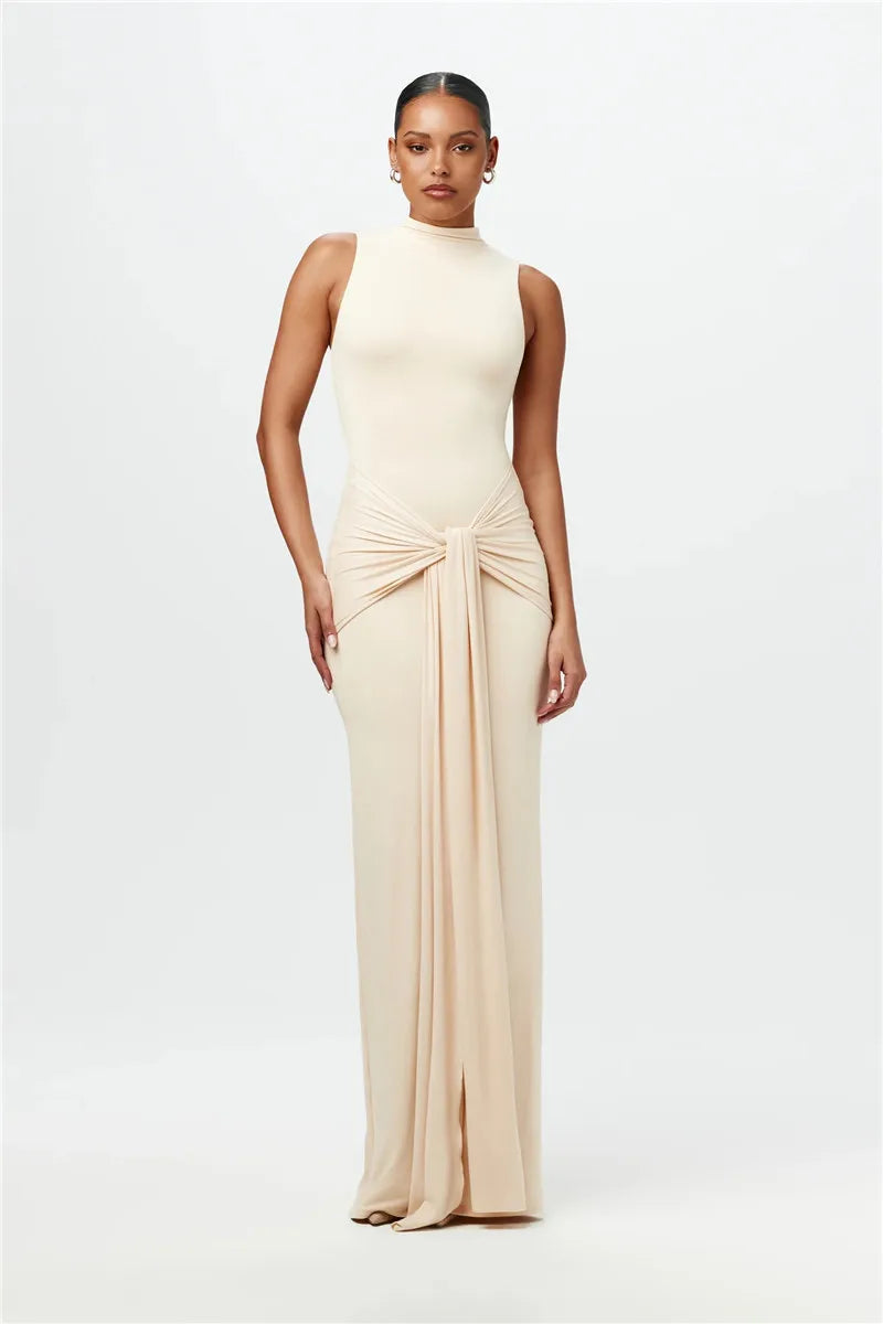 Half High Collar Irregular Tank Dress For Women 2024 New Fashion Sleeveless Bodycon Ruched Sexy Long Dress Elegant