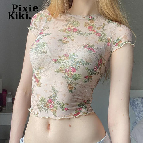 Load image into Gallery viewer, See Through Floral Mesh Tops Summer Clothes for Women Y2k 2000s Vintage Crop Top Shirt Graphic Tees P67-AE10
