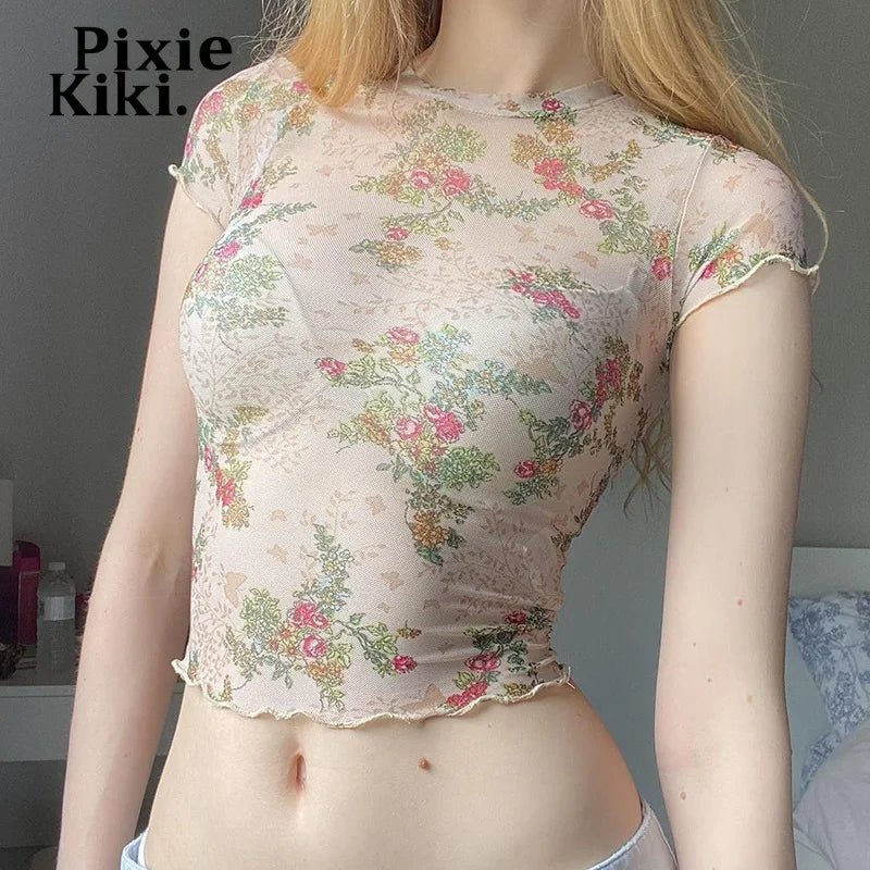 See Through Floral Mesh Tops Summer Clothes for Women Y2k 2000s Vintage Crop Top Shirt Graphic Tees P67-AE10