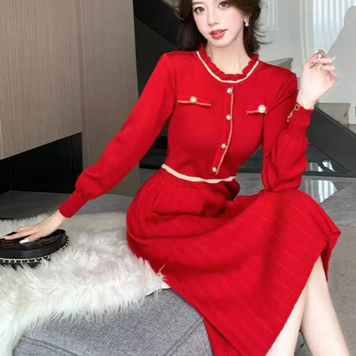 Load image into Gallery viewer, Autumn Winter Fashion Patchwork Long Sleeves Button Knitted Dresses Women's Elegant Round Neck Office Pleated Midi Dress Popular
