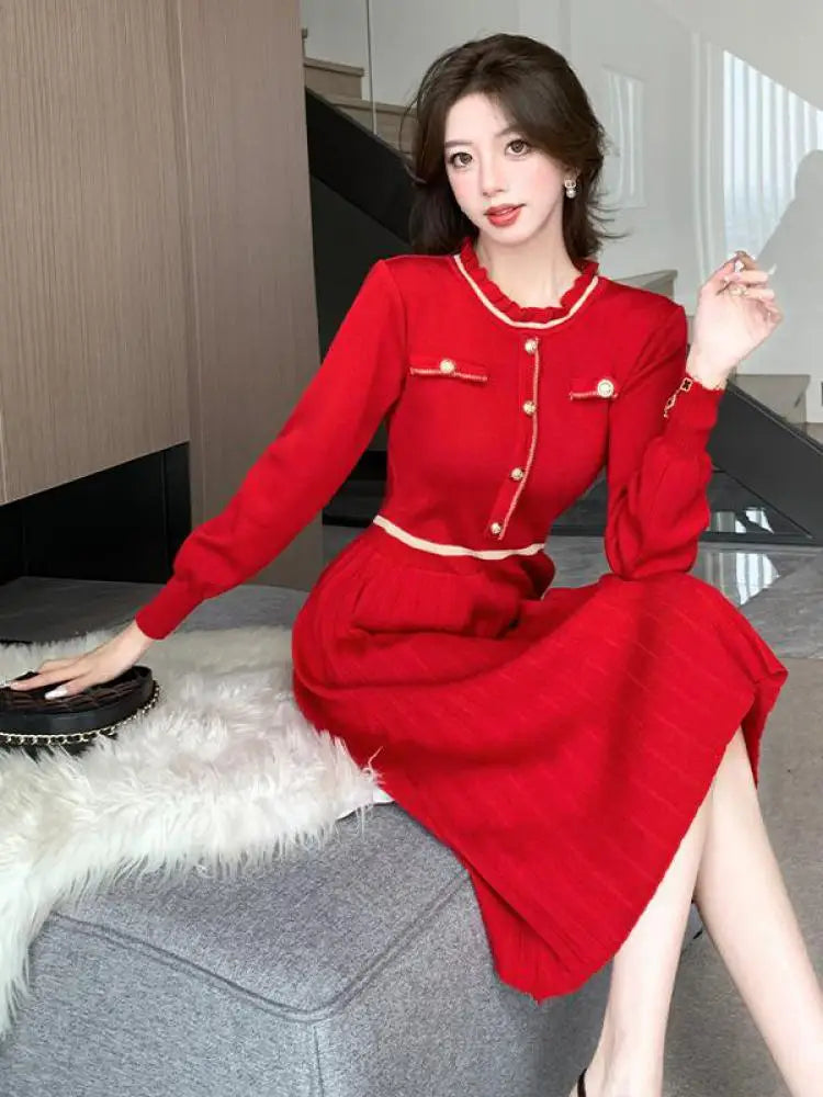 Autumn Winter Fashion Patchwork Long Sleeves Button Knitted Dresses Women's Elegant Round Neck Office Pleated Midi Dress Popular