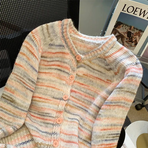 Load image into Gallery viewer, Autumn Winter Beige Stripes Gradient Long Sleeved Short Sweater Women's O-neck Single Breasted Knit Pullover Tops 2024 Thick New
