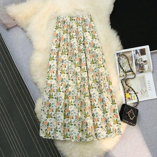 Load image into Gallery viewer, Vintage New Blue Flower Party A-line Skirt Bohemia 2024 Spring Summer Green Printing Elastic High Waist Women's Long Skirts Chic
