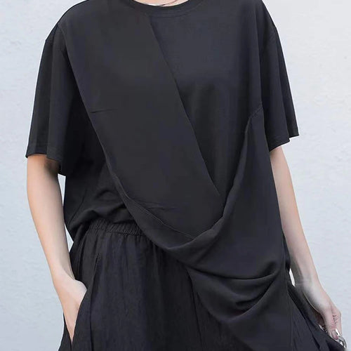 Load image into Gallery viewer, Women White Irregular Pleated Big Size Casual T-shirt New Round Neck Short Sleeve Fashion Tide Spring Summer 2025 1DJ0214
