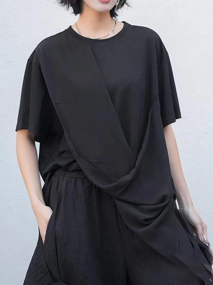 Women White Irregular Pleated Big Size Casual T-shirt New Round Neck Short Sleeve Fashion Tide Spring Summer 2025 1DJ0214