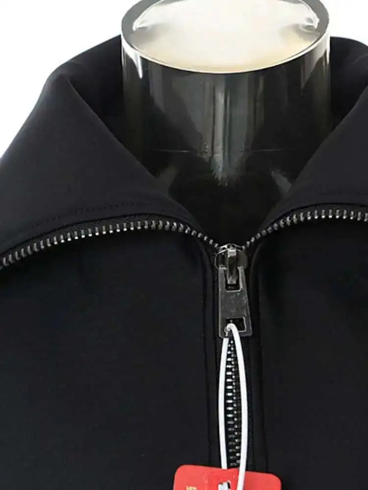 Black Zipper Irregular Shaped Casual Jacket New Lapel Long Sleeve Women Coat Fashion Tide Spring Autumn 2025 7AB4729