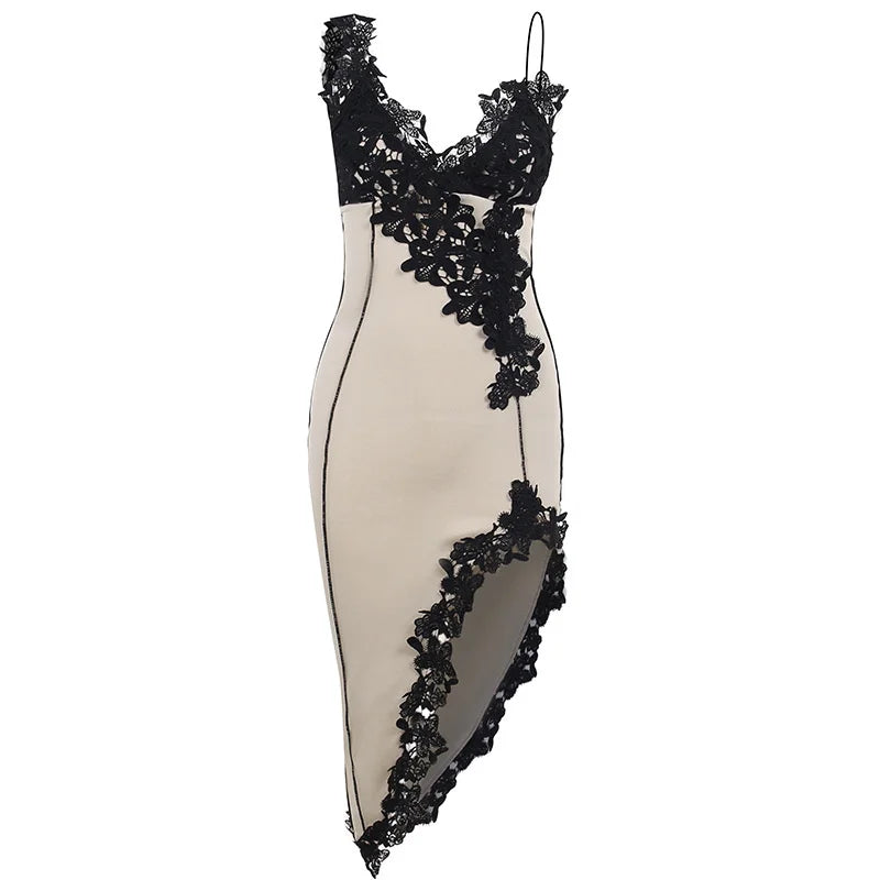 Lace High Split Sexy Midi Dress For Women Robe 2023 New Spaghetti Strap Sleeveless Deep V Neck Party Long Dress Vestido