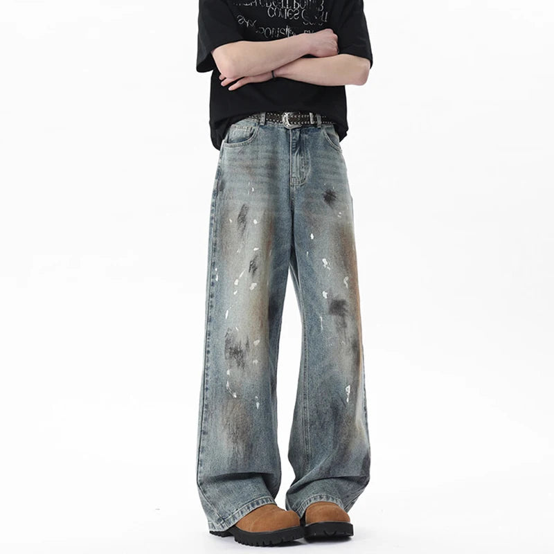 Men's Jeasn New American Style Soil Splashed Ink Spot Decoration Straight Leg Trendy Male Distressed Trousers 9W1804
