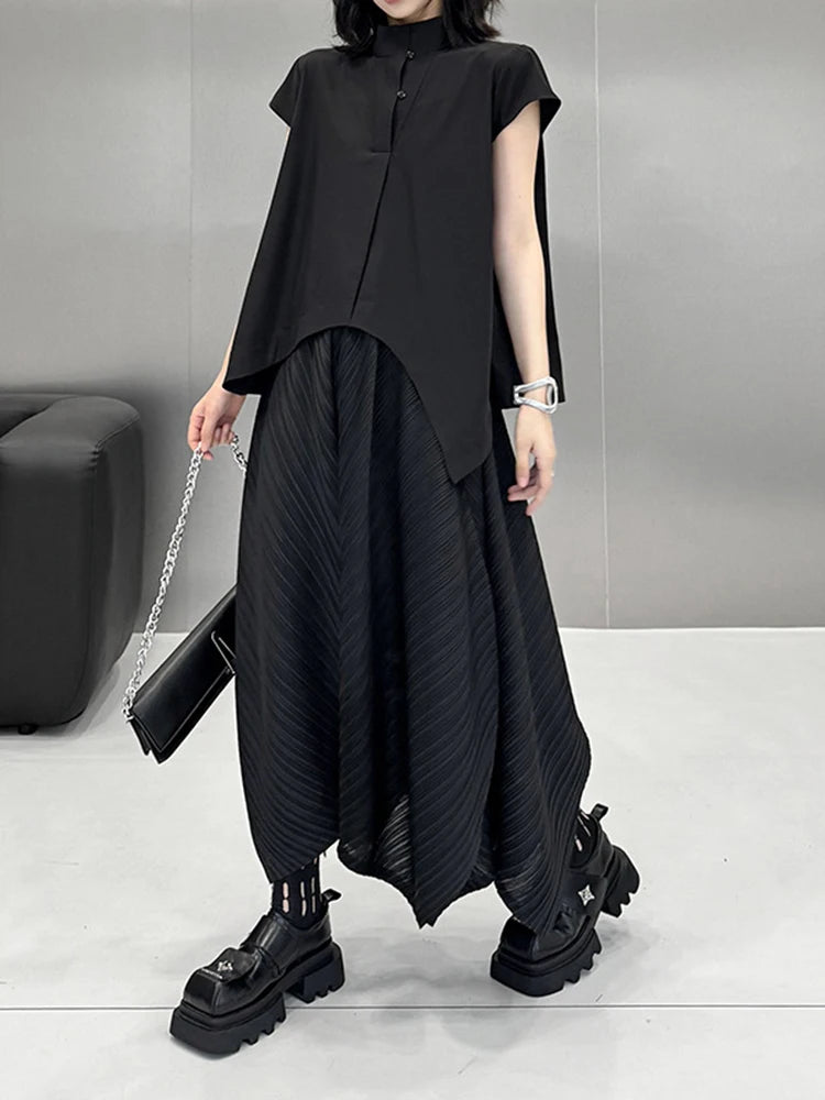 Women Black Irregular Hem Big Size Elegant Blouse New Stand Collar Sleeveless Shirt Fashion Spring Summer 2025 1DJ1465