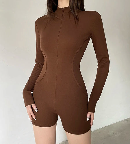 Harajuku Brown Fitness Autumn Playsuit Women Stitched Sporty Chic Long Sleeve One Piece Bodysuit Romper Basic Outfits