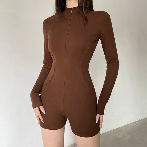 Load image into Gallery viewer, Harajuku Brown Fitness Autumn Playsuit Women Stitched Sporty Chic Long Sleeve One Piece Bodysuit Romper Basic Outfits
