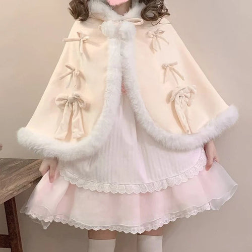 Load image into Gallery viewer, Kawaii Fur Patchwork Loose Sweet Hooded Cloak Coats Japanese Lolita Bandage Cete Jackets Y2k Aesthetic Grunge Bow Women Tops
