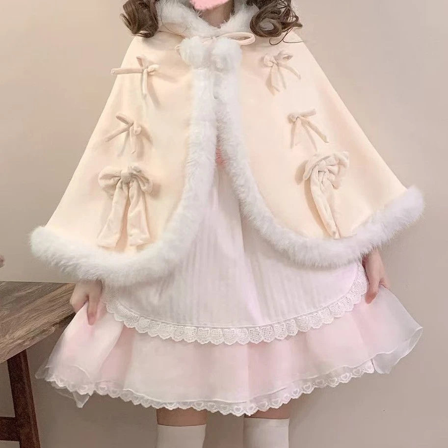 Kawaii Fur Patchwork Loose Sweet Hooded Cloak Coats Japanese Lolita Bandage Cete Jackets Y2k Aesthetic Grunge Bow Women Tops