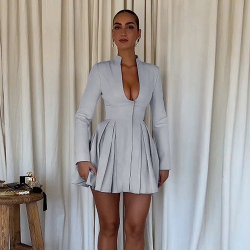Load image into Gallery viewer, Gray Long Sleeve Sexy Mini Dress Women Solid V Neck High Waist A-line Club Party Pleated Sexy Dress Elegant Clubwear
