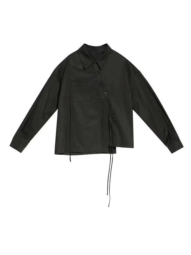 Women Black Bandage Big Size Long Blouse New Lapel Long Sleeve Loose Fit Shirt Fashion Tide Spring Autumn 2025  1DF1659