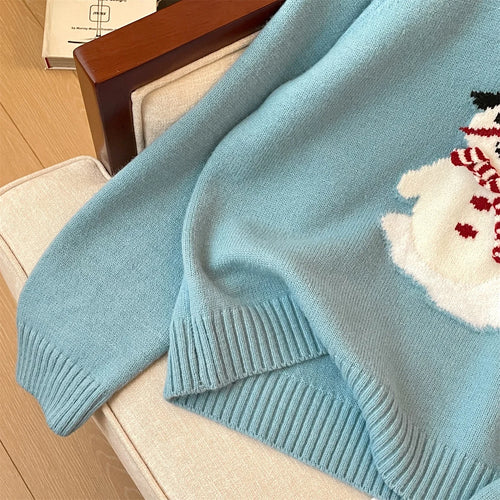 Load image into Gallery viewer, French Autumn Winter Blue Snowman Elegant Pullover Short Sweater Women Vintage 2024 New Red Round Neck Long Sleeved Knitted Tops
