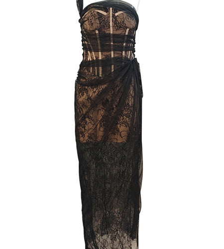 Solid Spliced Lace Slimming Dresses For Women Strapless Sleeveless High Waist Temperament Dress Female Fashion New