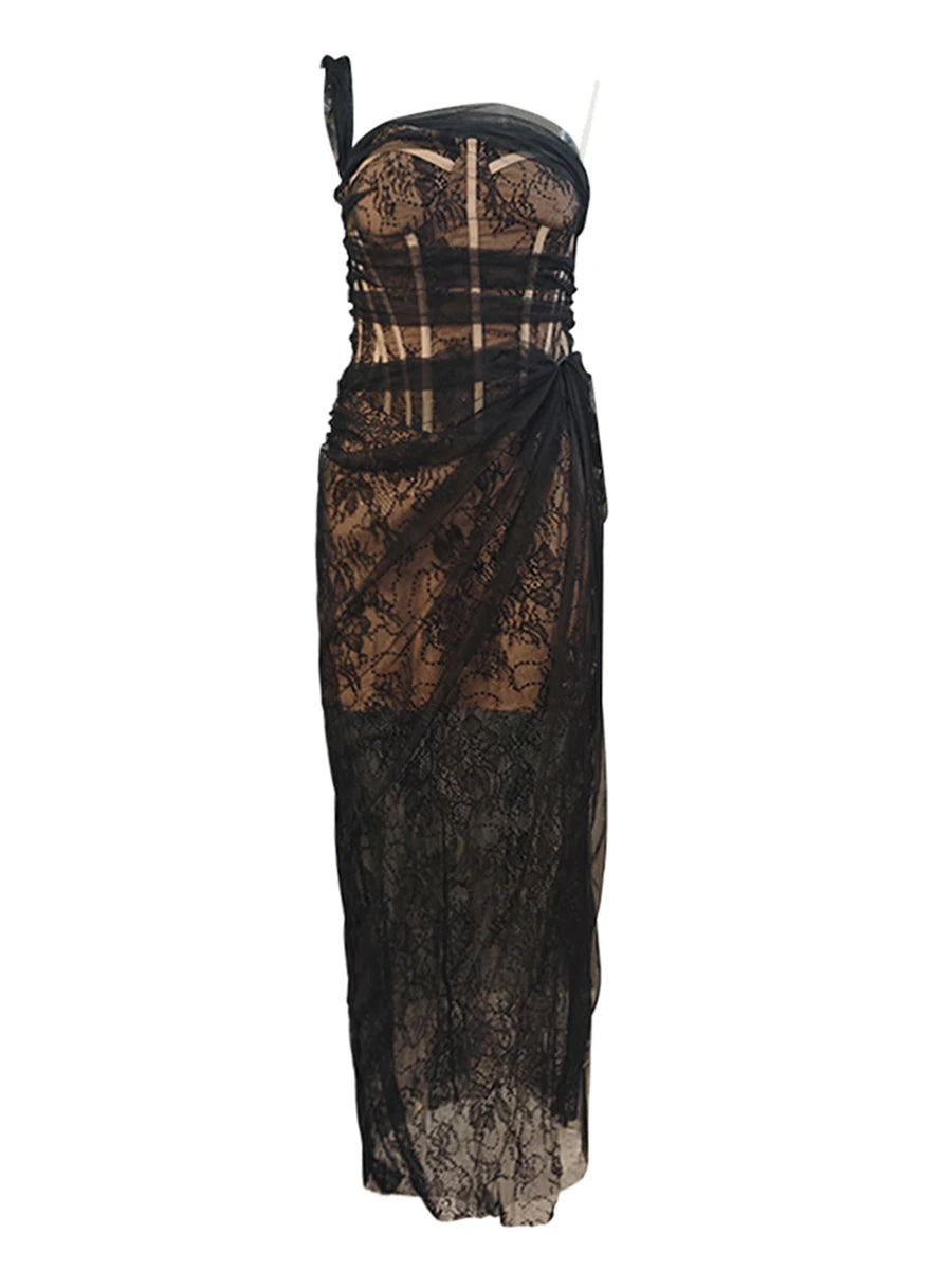 Solid Spliced Lace Slimming Dresses For Women Strapless Sleeveless High Waist Temperament Dress Female Fashion New